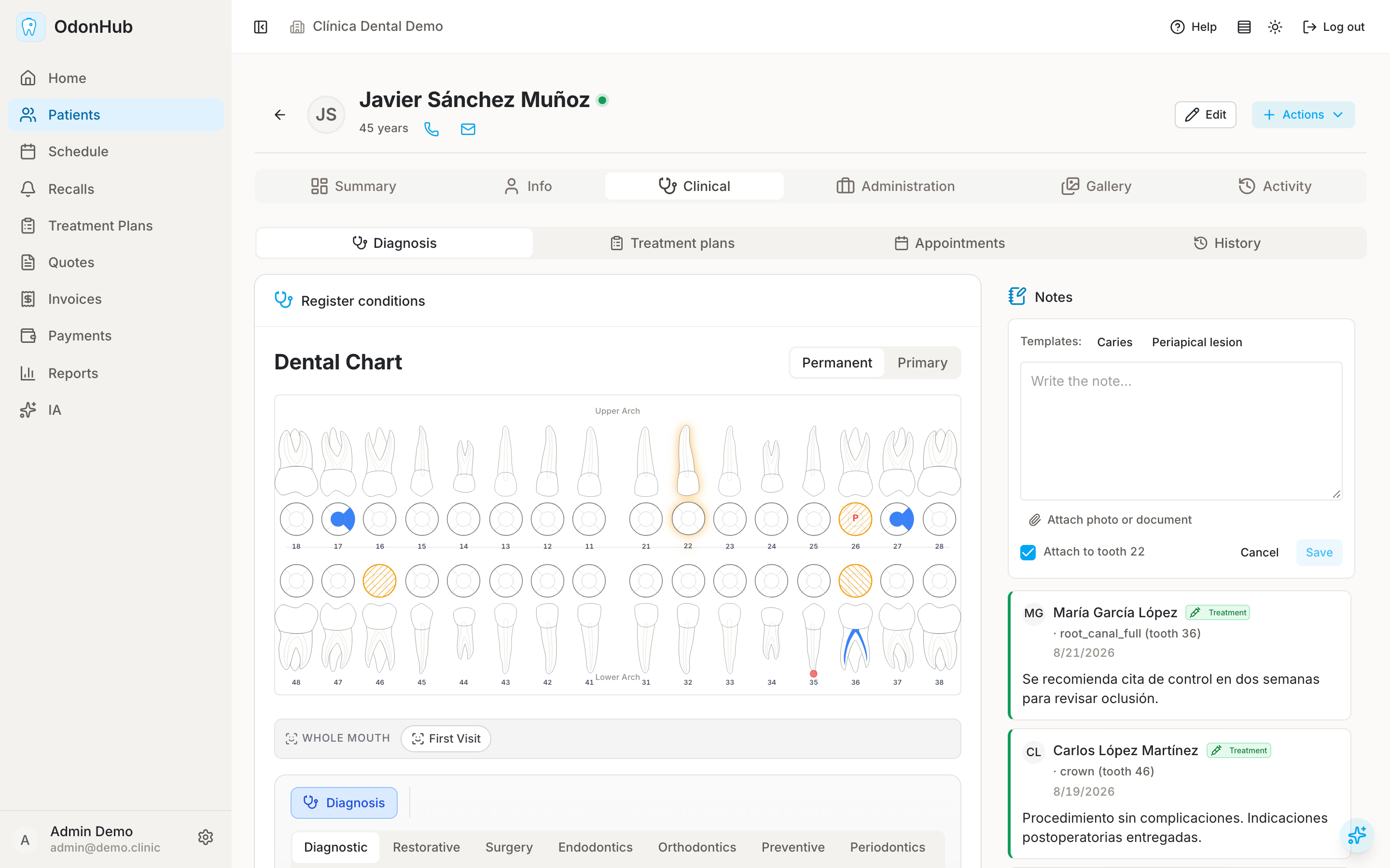 OdonHub patient record with the interactive odontogram